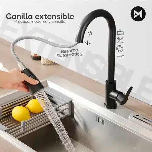 Monocomando Pico Extensible Mesada Acero Inox. Negro. Koen
