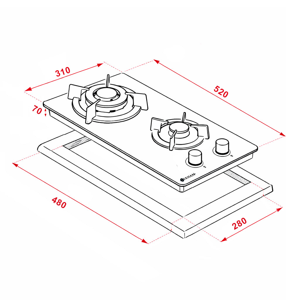 Anafe Vidrio Templado a Gas Terhan 2 Hornallas