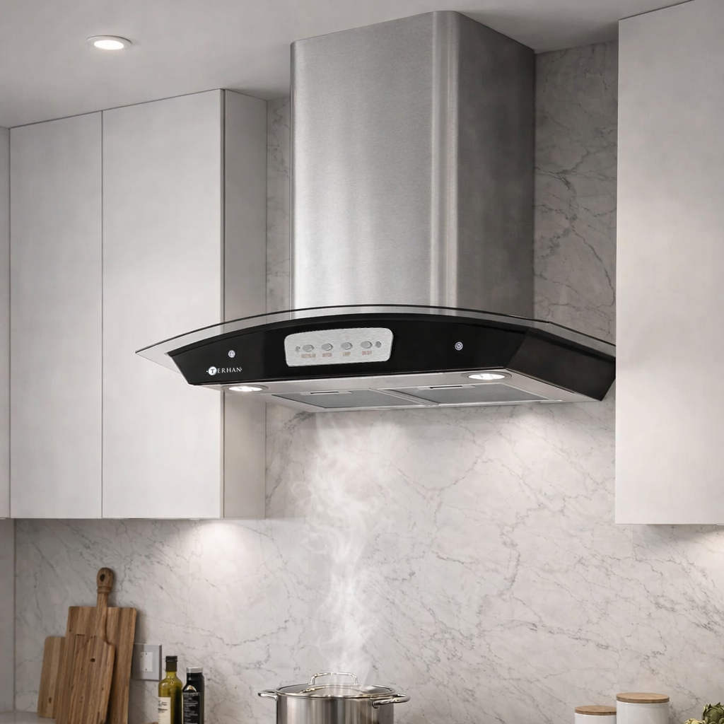 Campana Botones Terhan Vidrio Templado Curvo Y Acero Inox 60 Cm