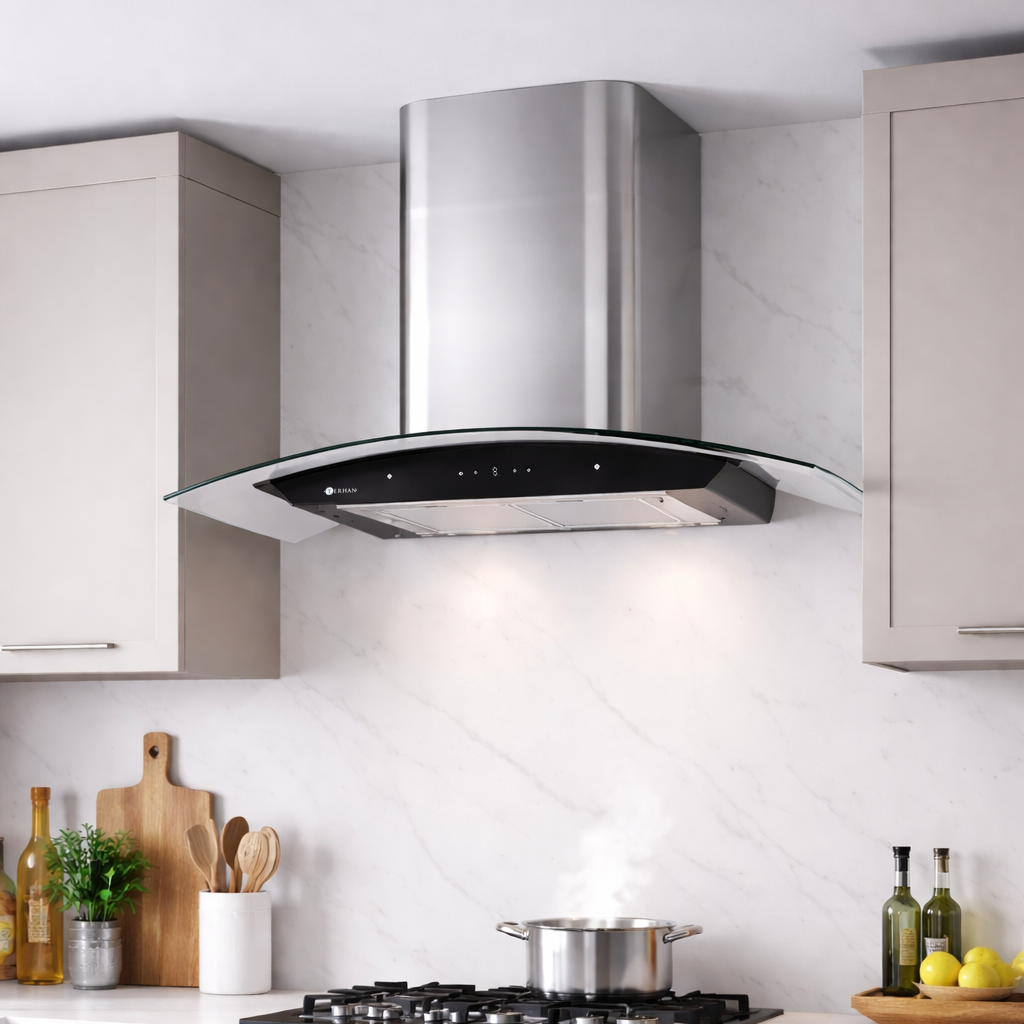 Campana Terhan Vidrio Templado Curvo Y Acero Inox 90 Cm
