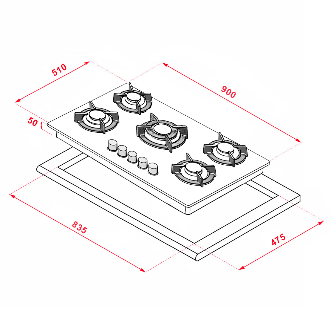 Anafe Vidrio Templado a Gas Terhan 5 Hornallas