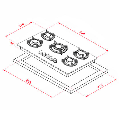 Anafe Vidrio Templado a Gas Terhan 5 Hornallas